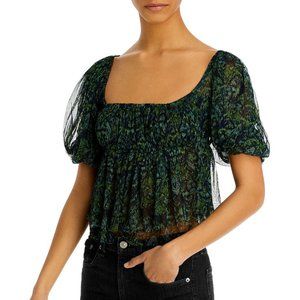 Free People Penelope Puff Sleeve Top - Deep Sea Green, NWT